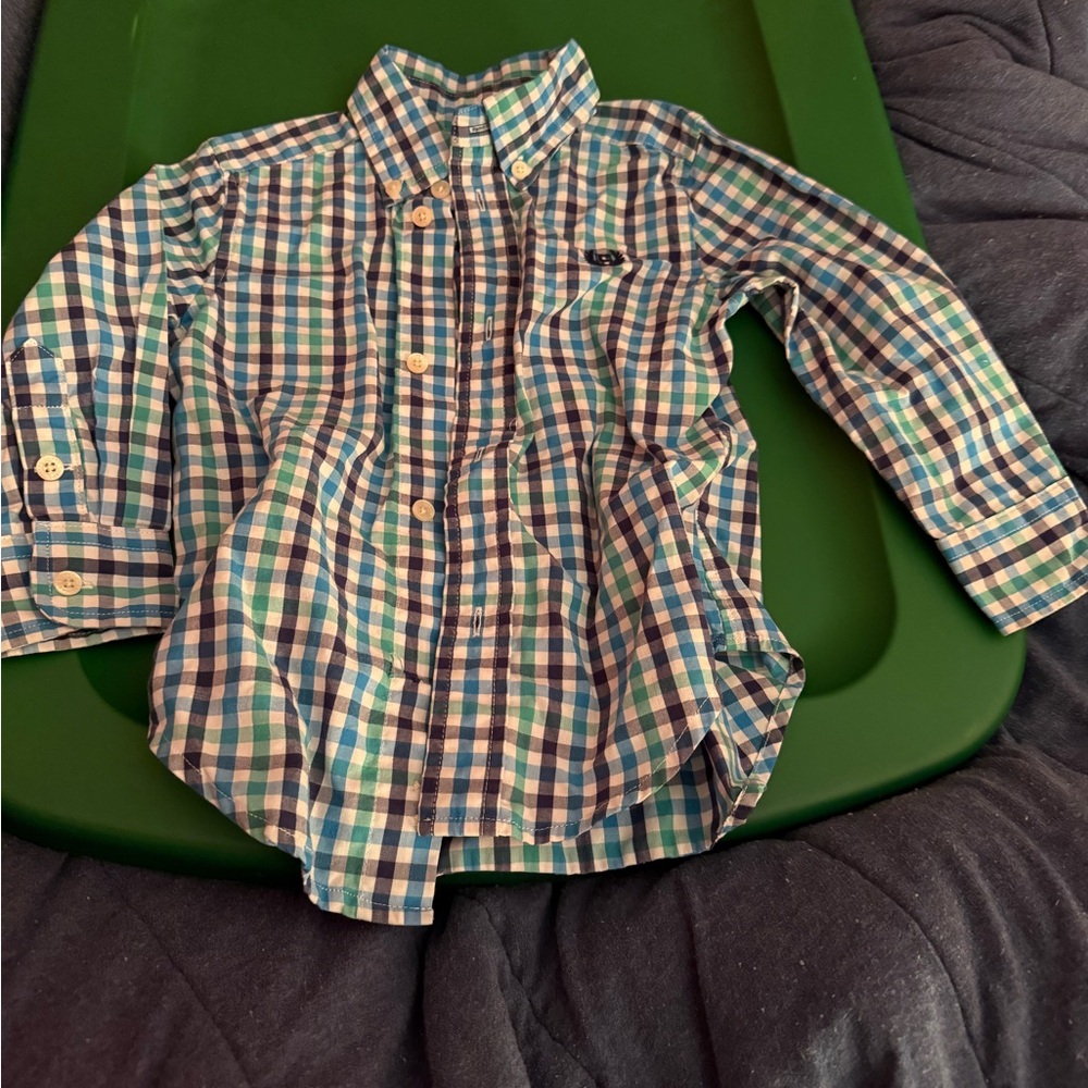 Chaps Blue and Green Button Down Shirt Plaid Design